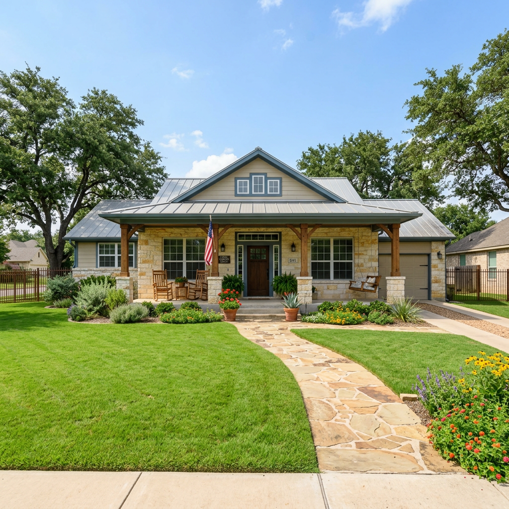 Single-story suburban house with front porch, stone pathway, and lush green lawn